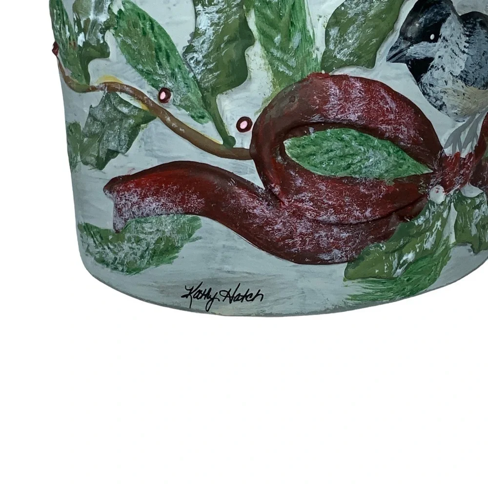 Vintage Wax Warmer Birds Kathy Hatch Tea light Hand painted Holiday White Red